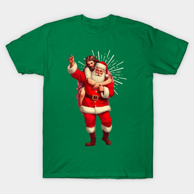 Ho Ho Holy Night - Santa and Jesus Piggyback Ride T-Shirt by TwistedCharm